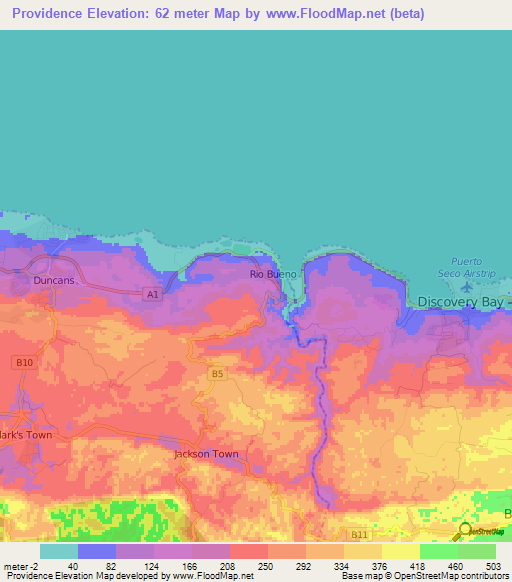 Providence,Jamaica Elevation Map