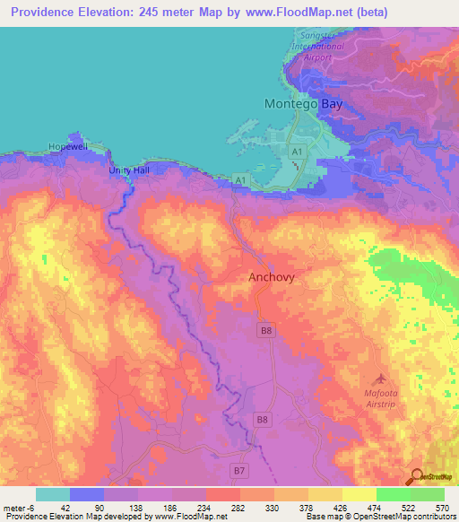 Providence,Jamaica Elevation Map