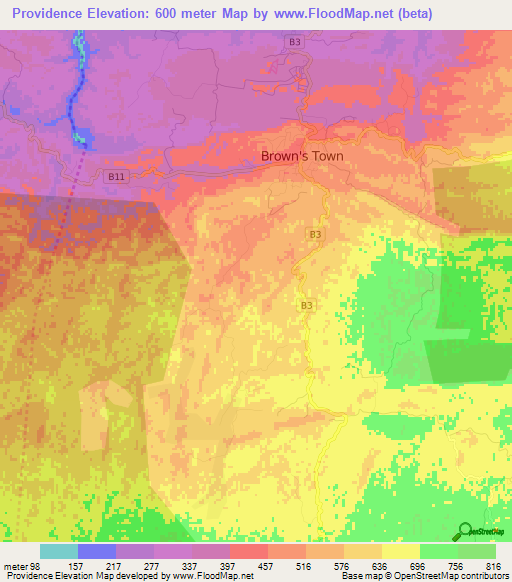 Providence,Jamaica Elevation Map