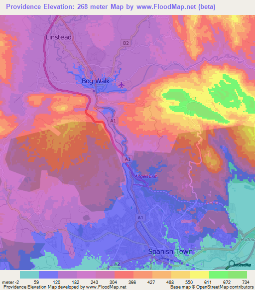 Providence,Jamaica Elevation Map