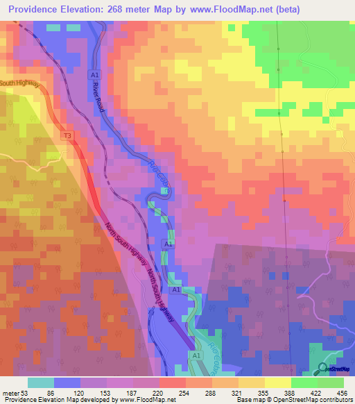 Providence,Jamaica Elevation Map