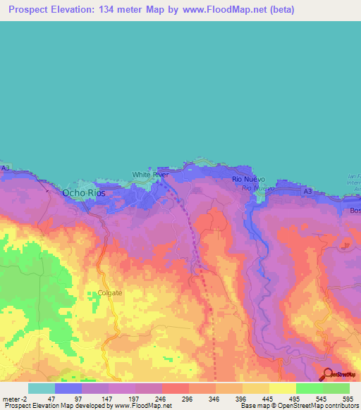 Prospect,Jamaica Elevation Map