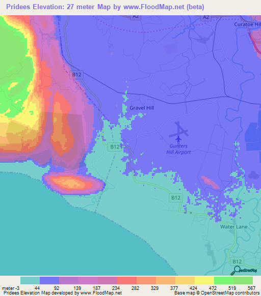Pridees,Jamaica Elevation Map