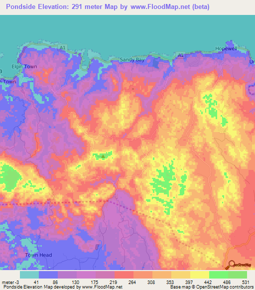 Pondside,Jamaica Elevation Map