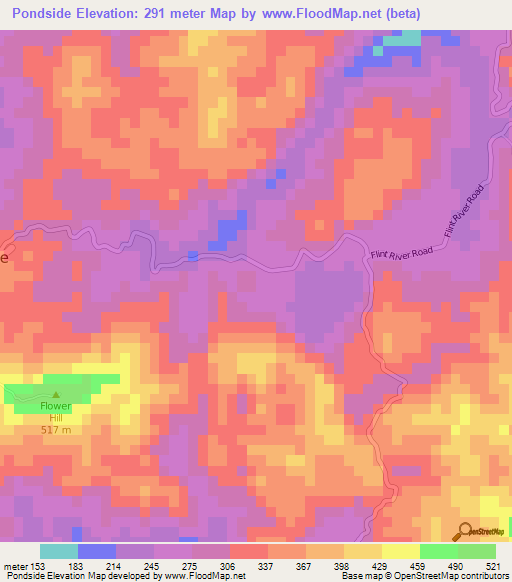 Pondside,Jamaica Elevation Map