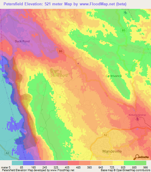 Petersfield,Jamaica Elevation Map