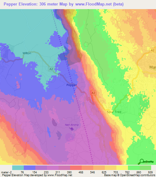 Pepper,Jamaica Elevation Map