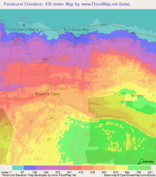 Penshurst,Jamaica Elevation Map