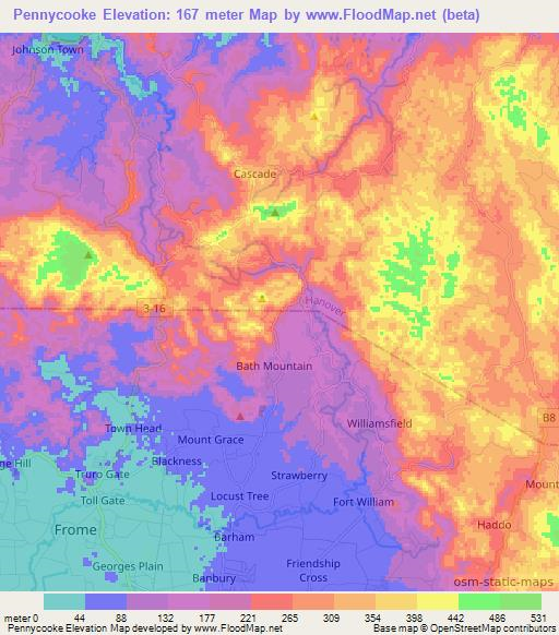 Pennycooke,Jamaica Elevation Map