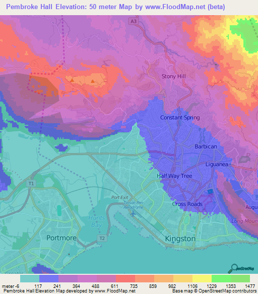 Pembroke Hall,Jamaica Elevation Map