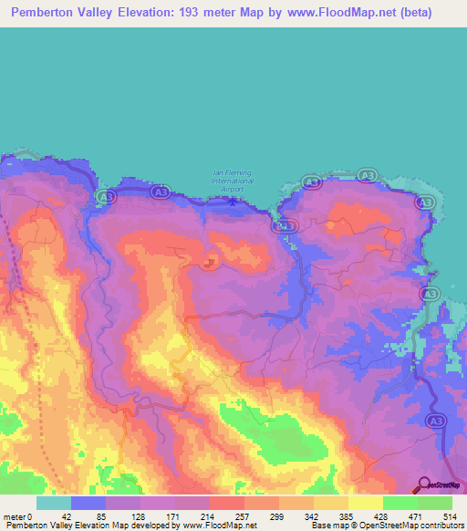 Pemberton Valley,Jamaica Elevation Map
