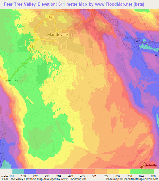 Pear Tree Valley,Jamaica Elevation Map