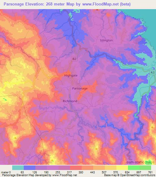 Parsonage,Jamaica Elevation Map