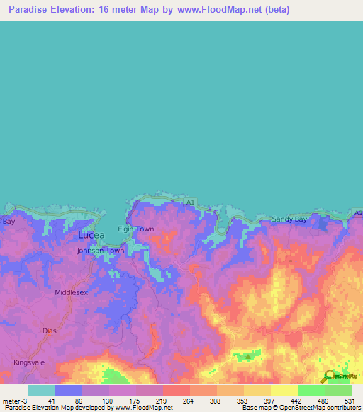 Paradise,Jamaica Elevation Map