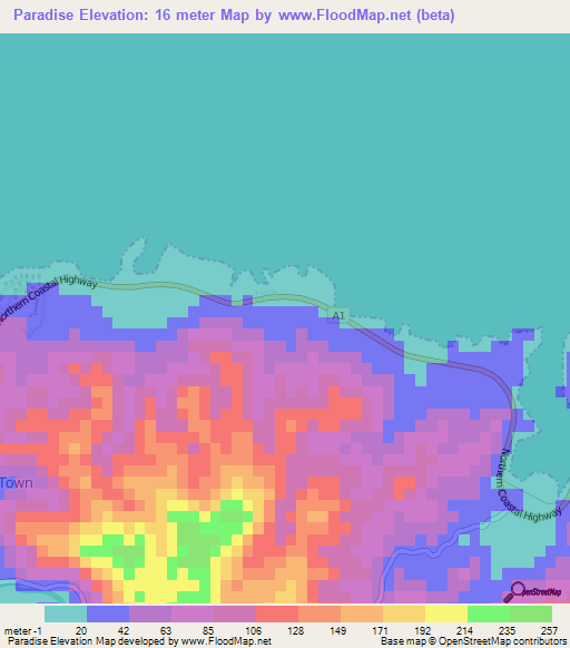 Paradise,Jamaica Elevation Map