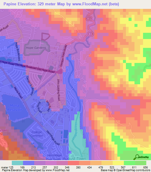 Papine,Jamaica Elevation Map