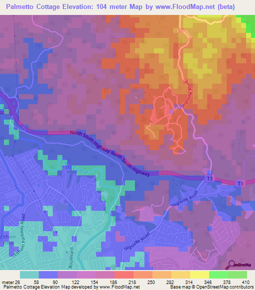 Palmetto Cottage,Jamaica Elevation Map