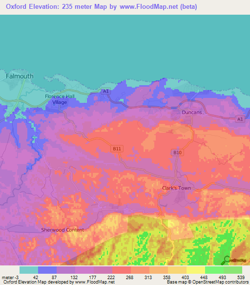 Oxford,Jamaica Elevation Map