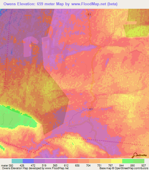 Owens,Jamaica Elevation Map