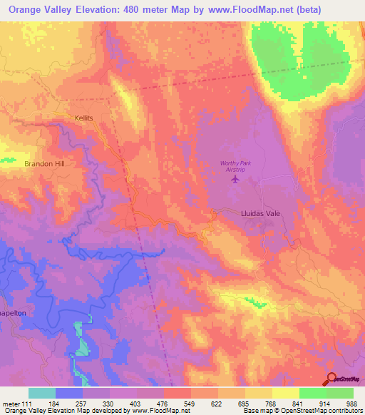 Orange Valley,Jamaica Elevation Map