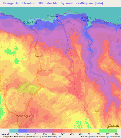 Orange Hall,Jamaica Elevation Map