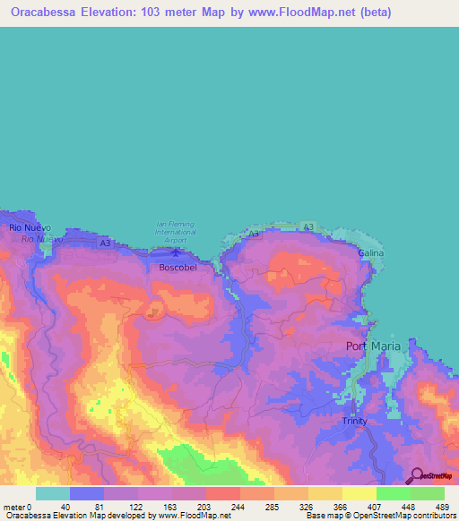 Oracabessa,Jamaica Elevation Map