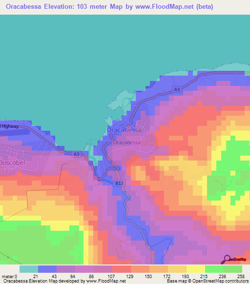 Oracabessa,Jamaica Elevation Map