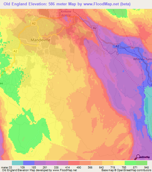 Old England,Jamaica Elevation Map