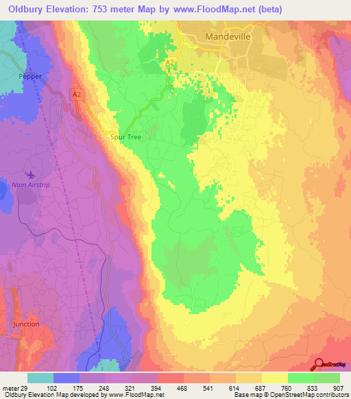 Oldbury,Jamaica Elevation Map