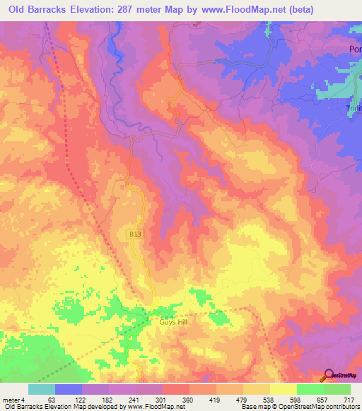 Old Barracks,Jamaica Elevation Map