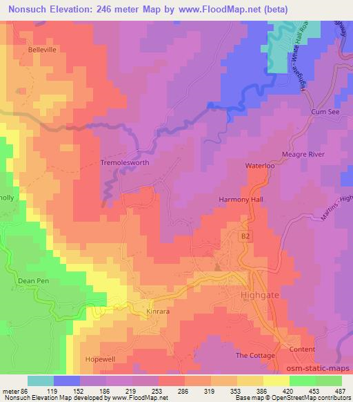 Nonsuch,Jamaica Elevation Map
