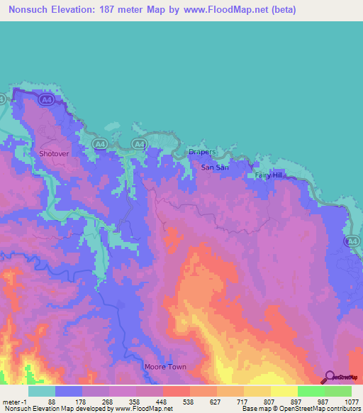 Nonsuch,Jamaica Elevation Map