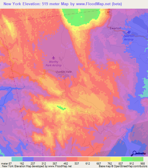 New York,Jamaica Elevation Map