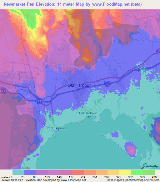 Newmarket Pen,Jamaica Elevation Map
