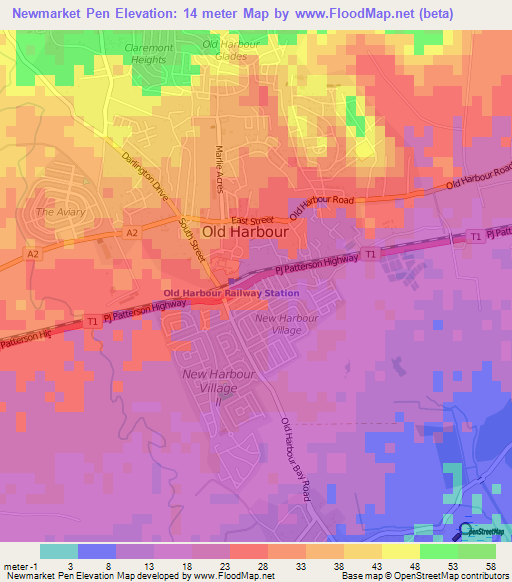 Newmarket Pen,Jamaica Elevation Map
