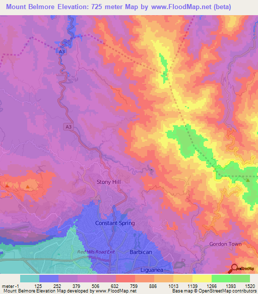 Mount Belmore,Jamaica Elevation Map