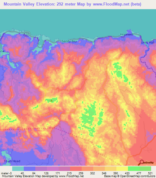 Mountain Valley,Jamaica Elevation Map