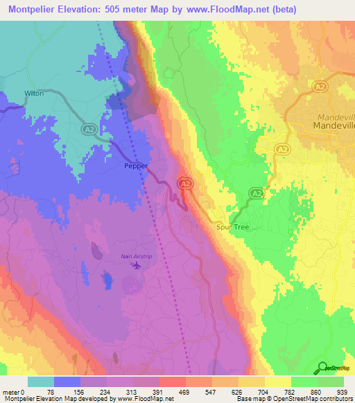 Montpelier,Jamaica Elevation Map