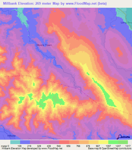 Millbank,Jamaica Elevation Map