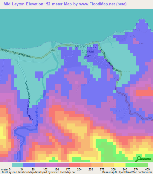 Mid Leyton,Jamaica Elevation Map
