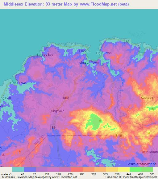 Middlesex,Jamaica Elevation Map