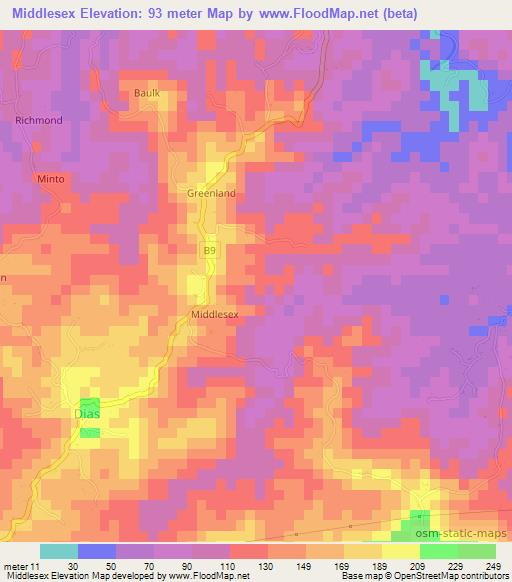 Middlesex,Jamaica Elevation Map