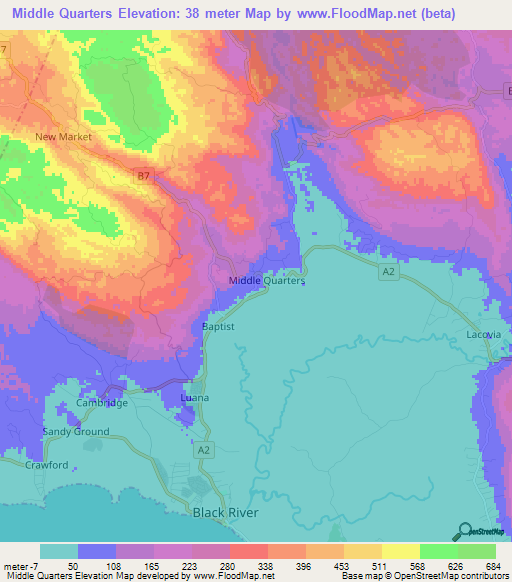 Middle Quarters,Jamaica Elevation Map