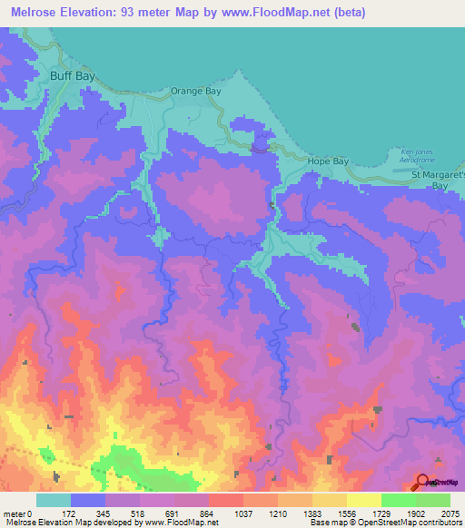 Melrose,Jamaica Elevation Map