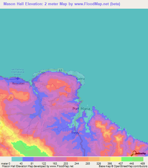 Mason Hall,Jamaica Elevation Map