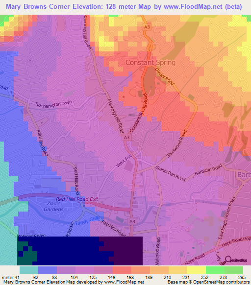Mary Browns Corner,Jamaica Elevation Map