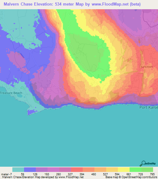 Malvern Chase,Jamaica Elevation Map