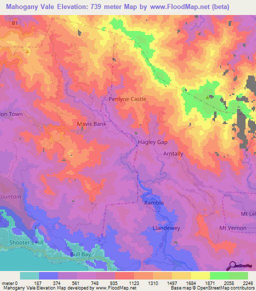 Mahogany Vale,Jamaica Elevation Map