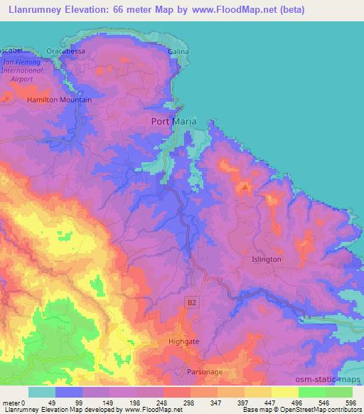 Llanrumney,Jamaica Elevation Map