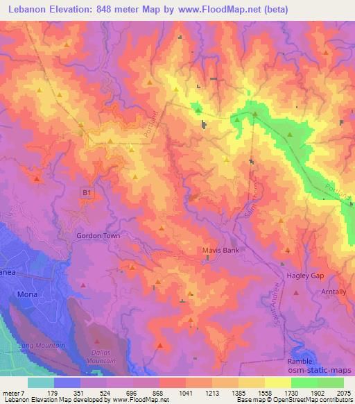 Lebanon,Jamaica Elevation Map